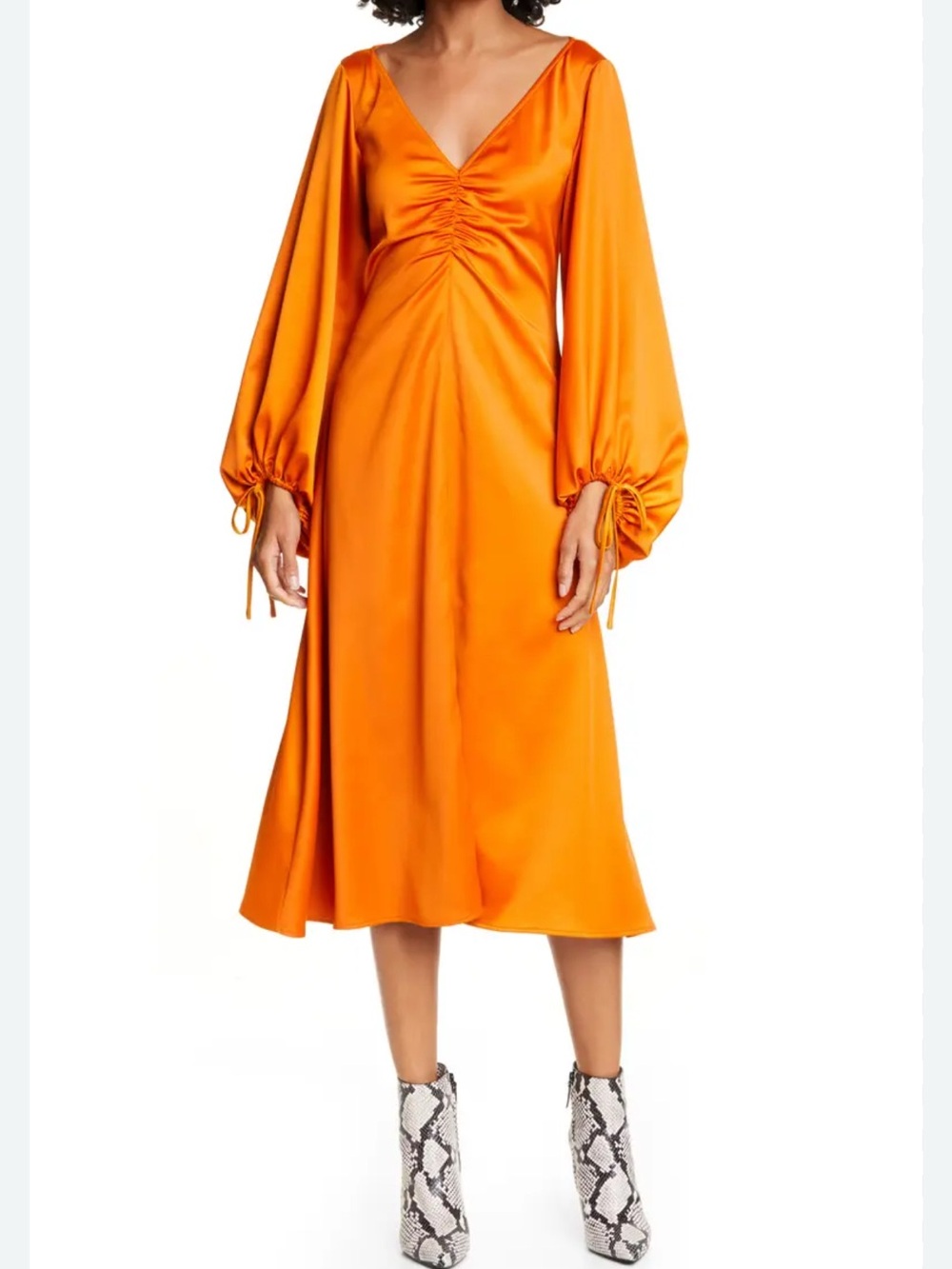 STAUD Sofia Long Balloon Sleeve Orange Satin Midi Dress size 0